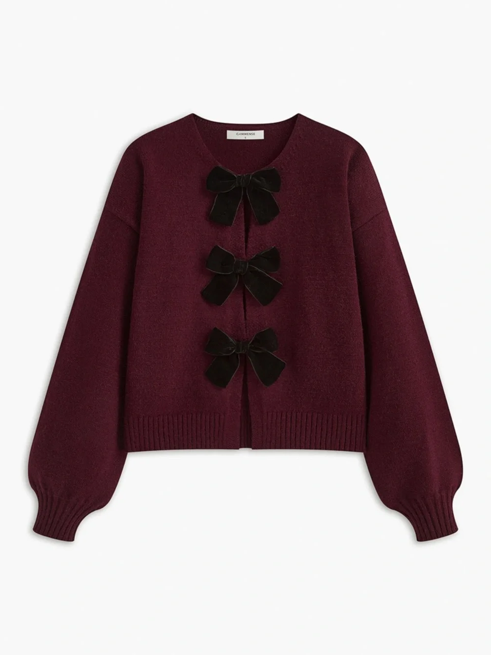 Commense Burgundy Velvet Bow Sweater Cropped Lantern Sleeve Coquette Romantic M - Picture 12 of 15